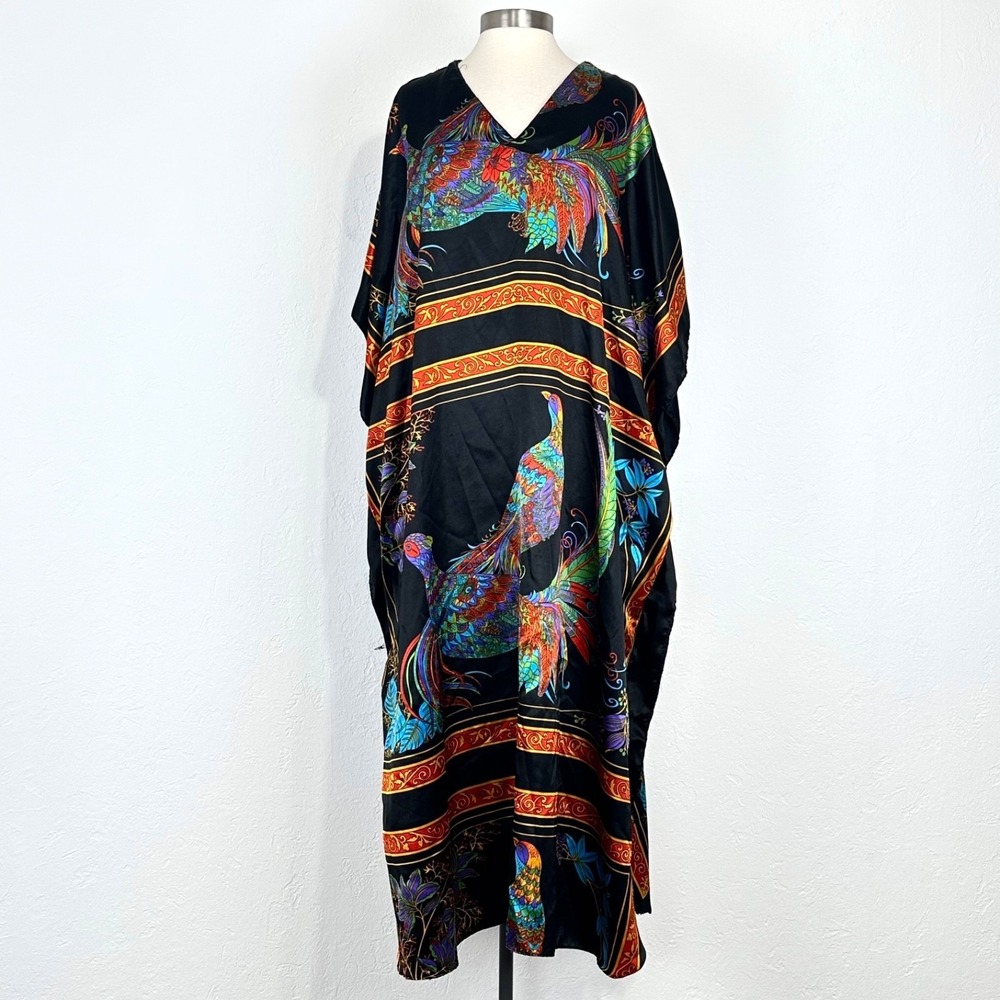 Vintage Winlar Caftan Bird Pheasant Colorful Silky Muumuu One Size Mrs Roper